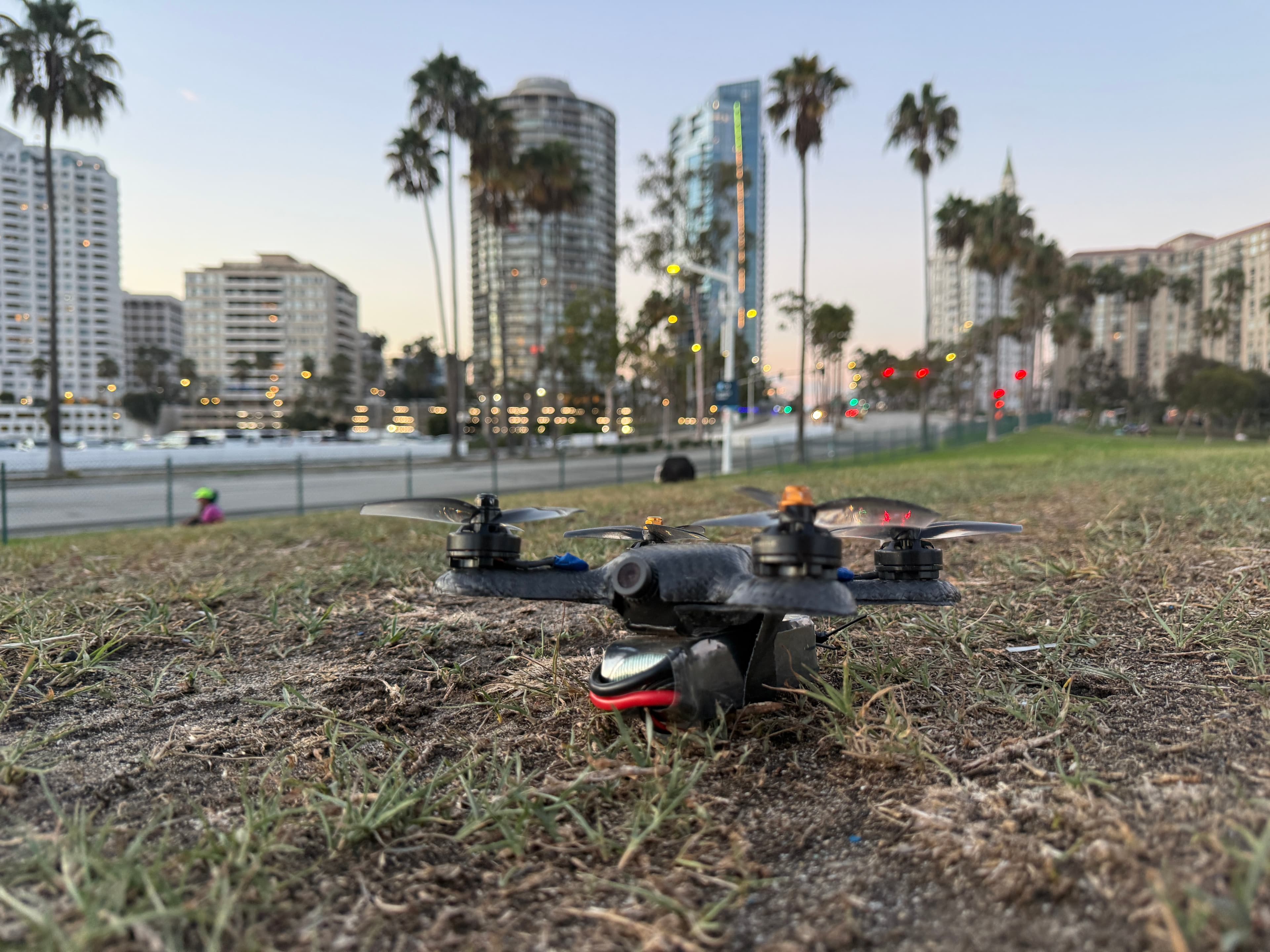 FPV drone in front of the Long Beach skyline